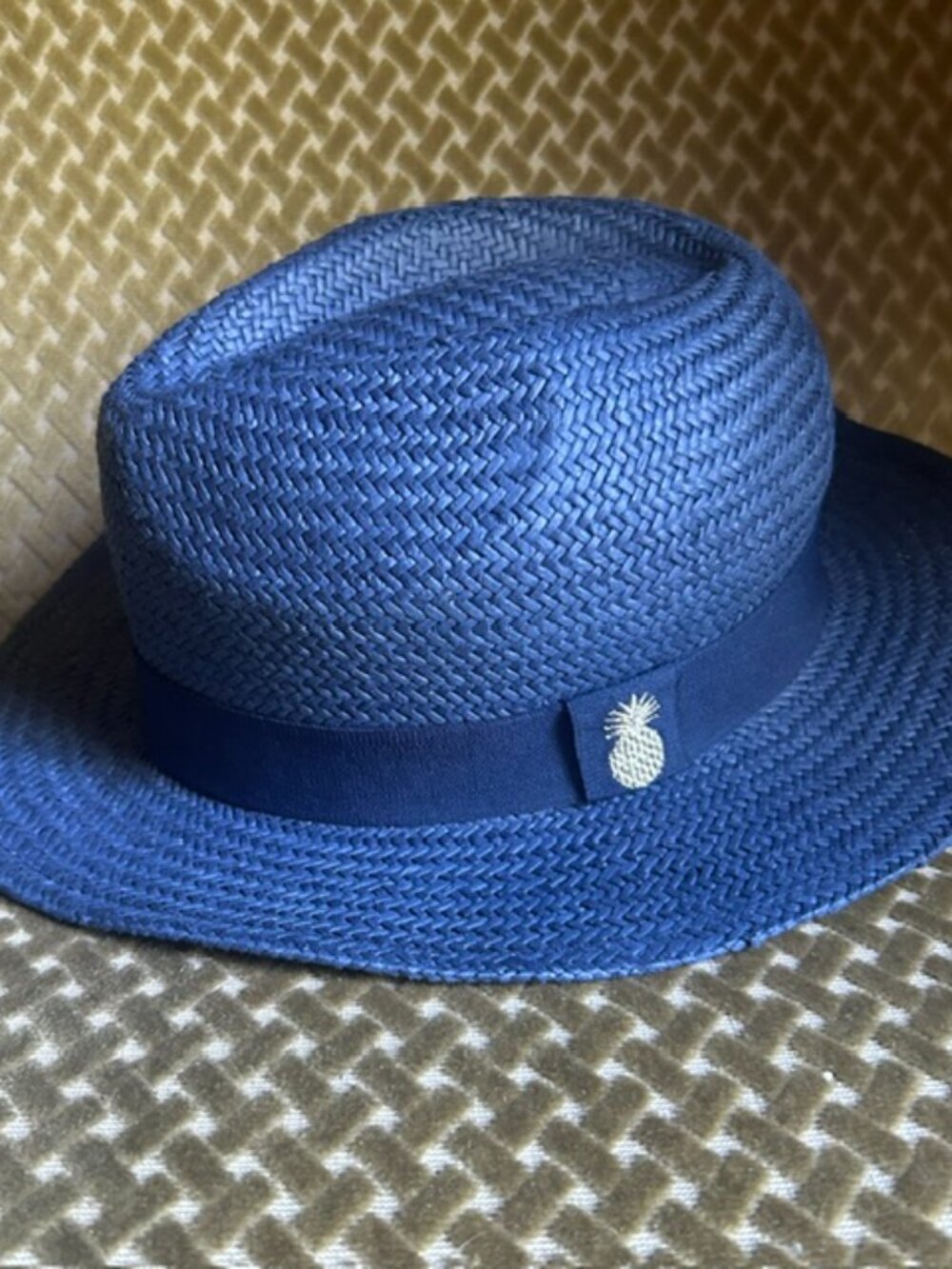 Ann Taylor Blue Braided Embroidered Gold Pineapple Accent Straw Fedora Hat NEW